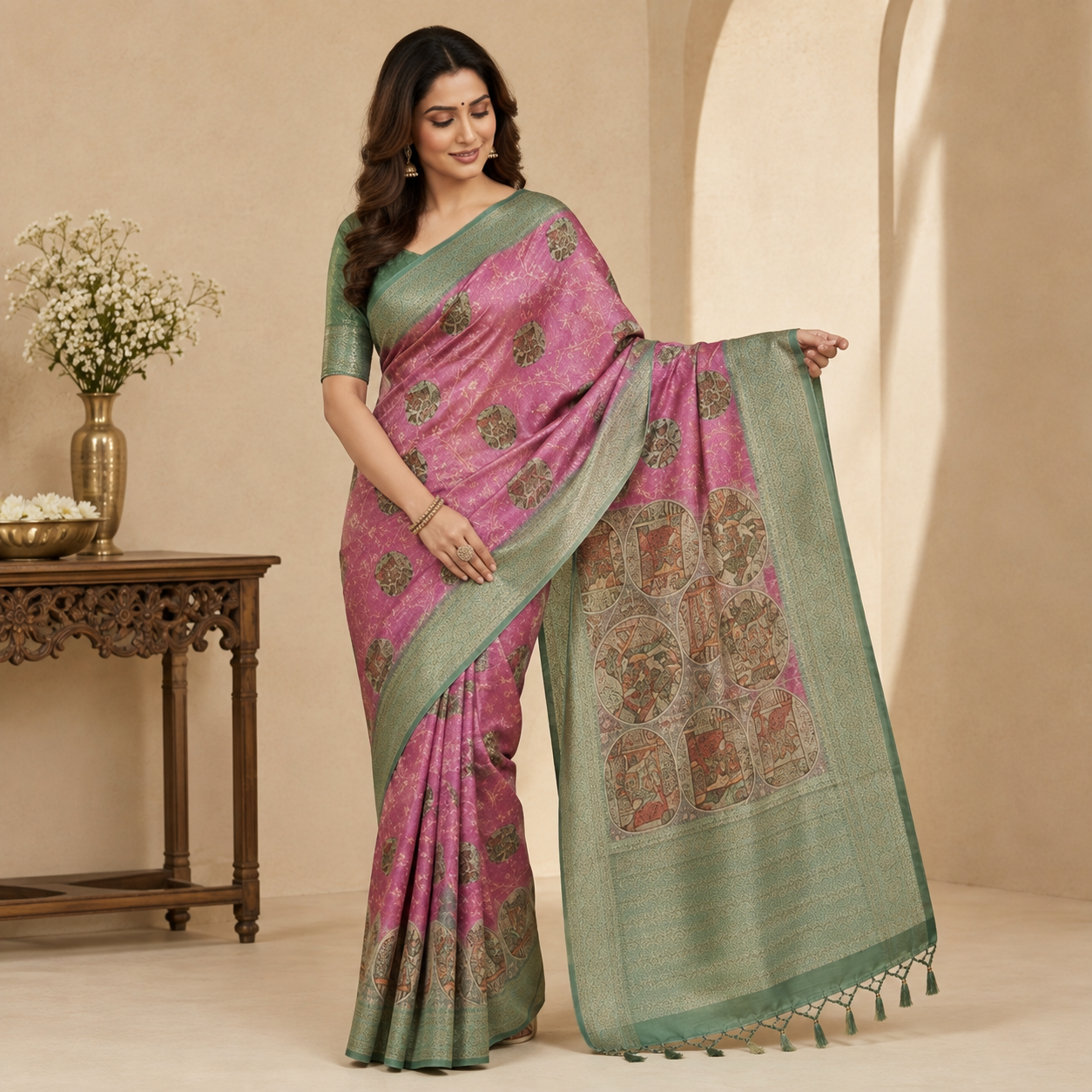 Pink & Sage Green Traditional Printed Saree with Artistic Pallu