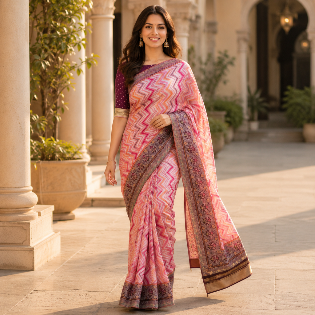 Pink Banarasi Kora Silk Saree With Chevron Weave And Antique Zari Border For Women