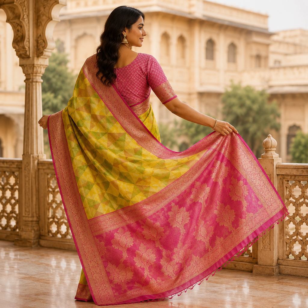 Banarasi Silk Saree With Geometric Weave And Rich Zari Border – Timeless Elegance In Every Fold For Women