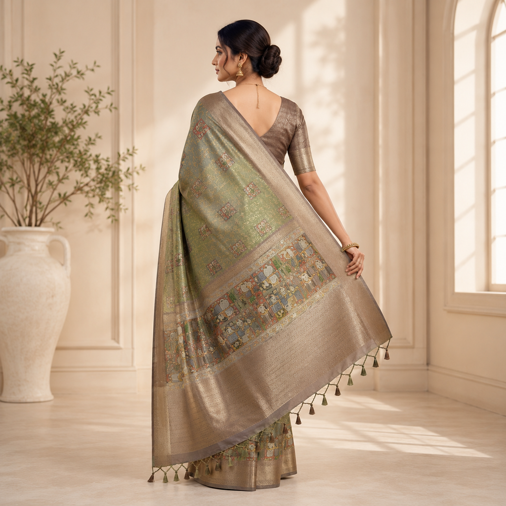Sage Green Kalamkari Inspired Silk Saree with Antique Gold Border