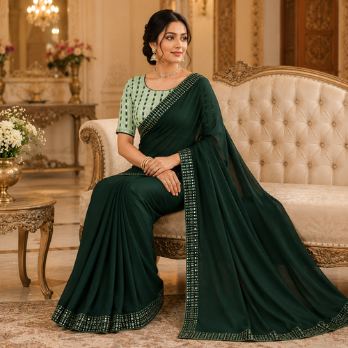 Green Georgette Saree With Readymade Blouse – Pre-Stitched Stylish Saree For Women And Girls For Women