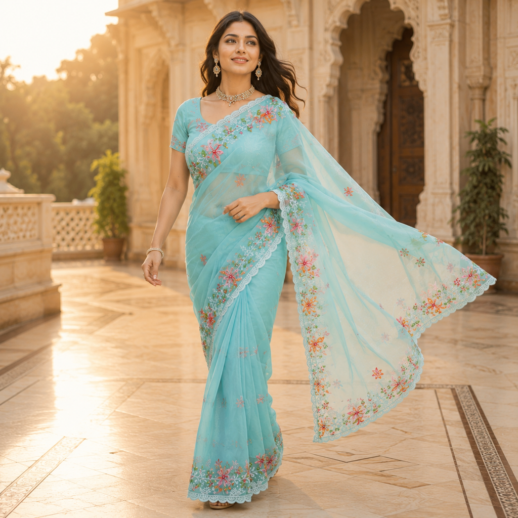Sky Blue Organza Saree With Pearl And Embroidery Work And Blouse – Designer Wedding And Festive Saree For Women