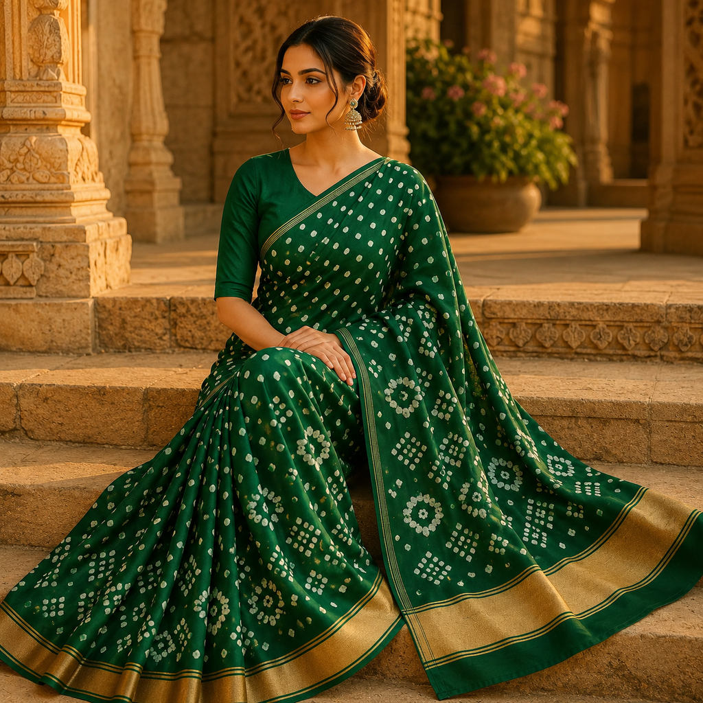 Green Gajji Silk Bandhani Saree With Blouse – A Handcrafted Symbol Of Grace And Heritage For Women