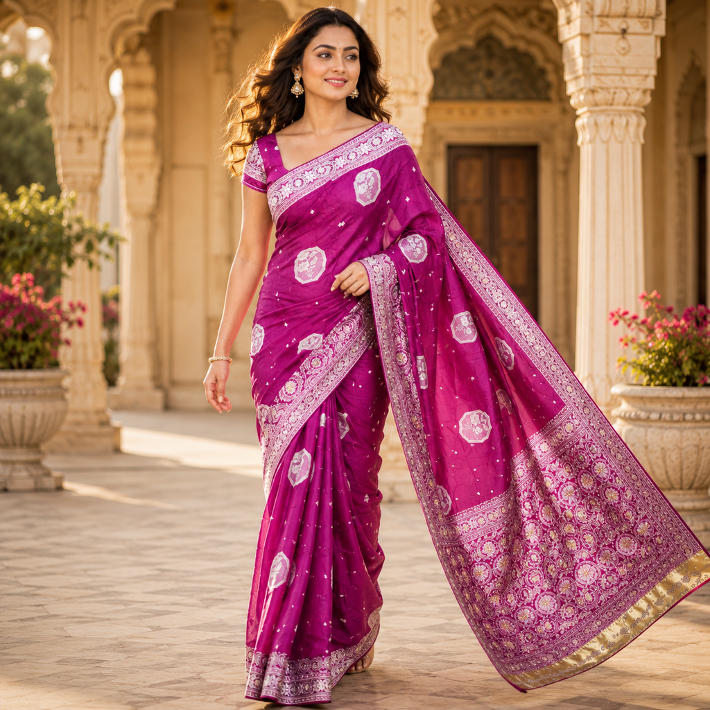 Purple Banarasi Katan Silk Saree With Silver Zari | Regal Festive Elegance For Women