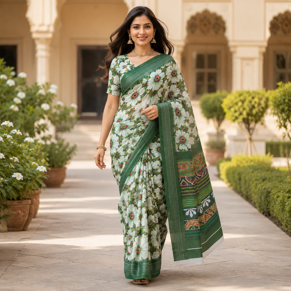 Green Digital Print Linen Saree With Readymade Blouse – Breezy, Bold And Beautifully You For Women