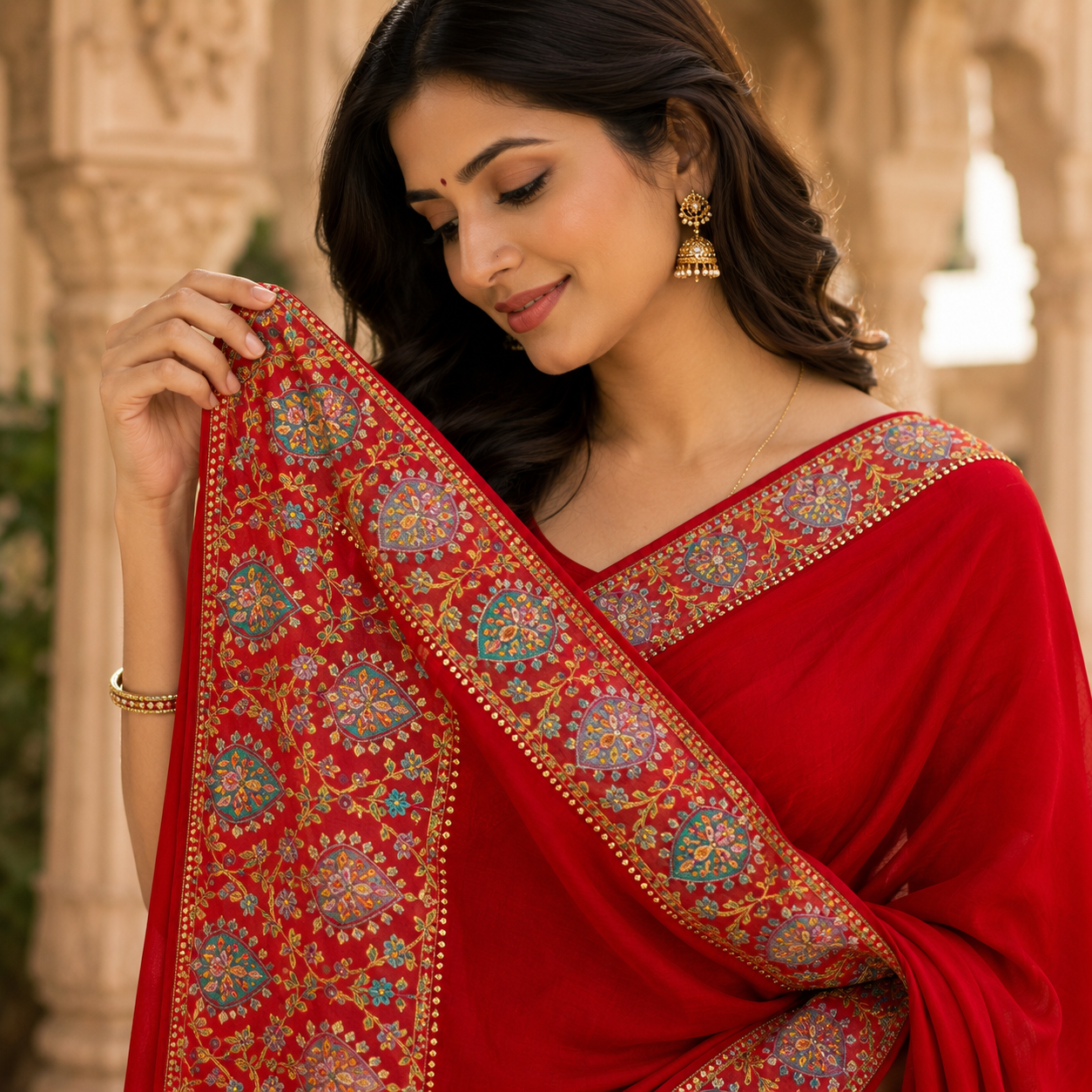 Red Heavy Pattern Georgette Saree With Printed Border Andamp And Siroski Work For Women