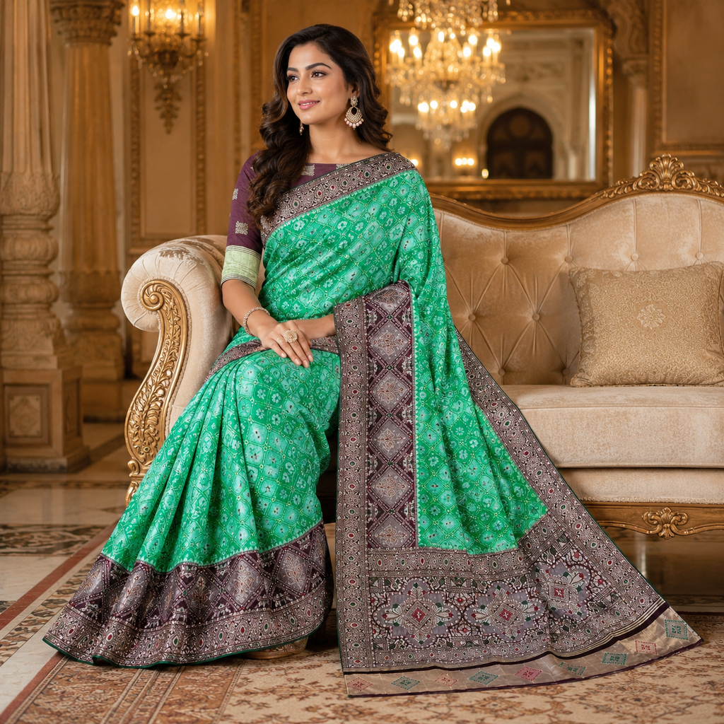 Wine And Rama Green Dola Silk Handwork Saree With Blouse – Premium Wedding And Festive Wear For Women