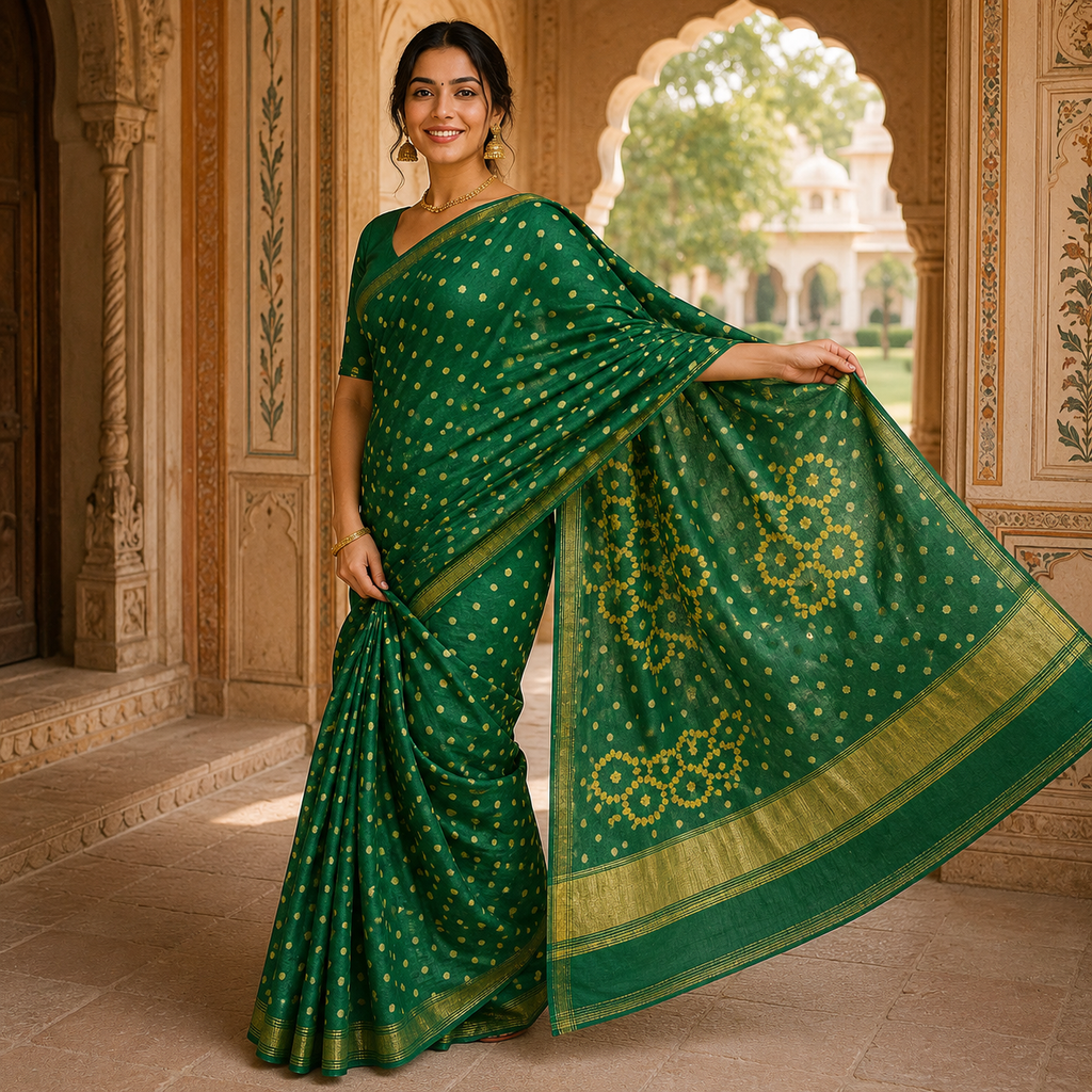 Green Gajji Silk Bandhani Saree With Blouse – Handcrafted Heritage in Every Fold