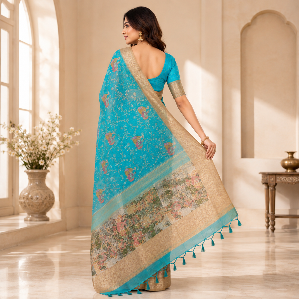 Turquoise Blue Floral Printed Organza Saree with Gold Zari Border & Tassel Pallu