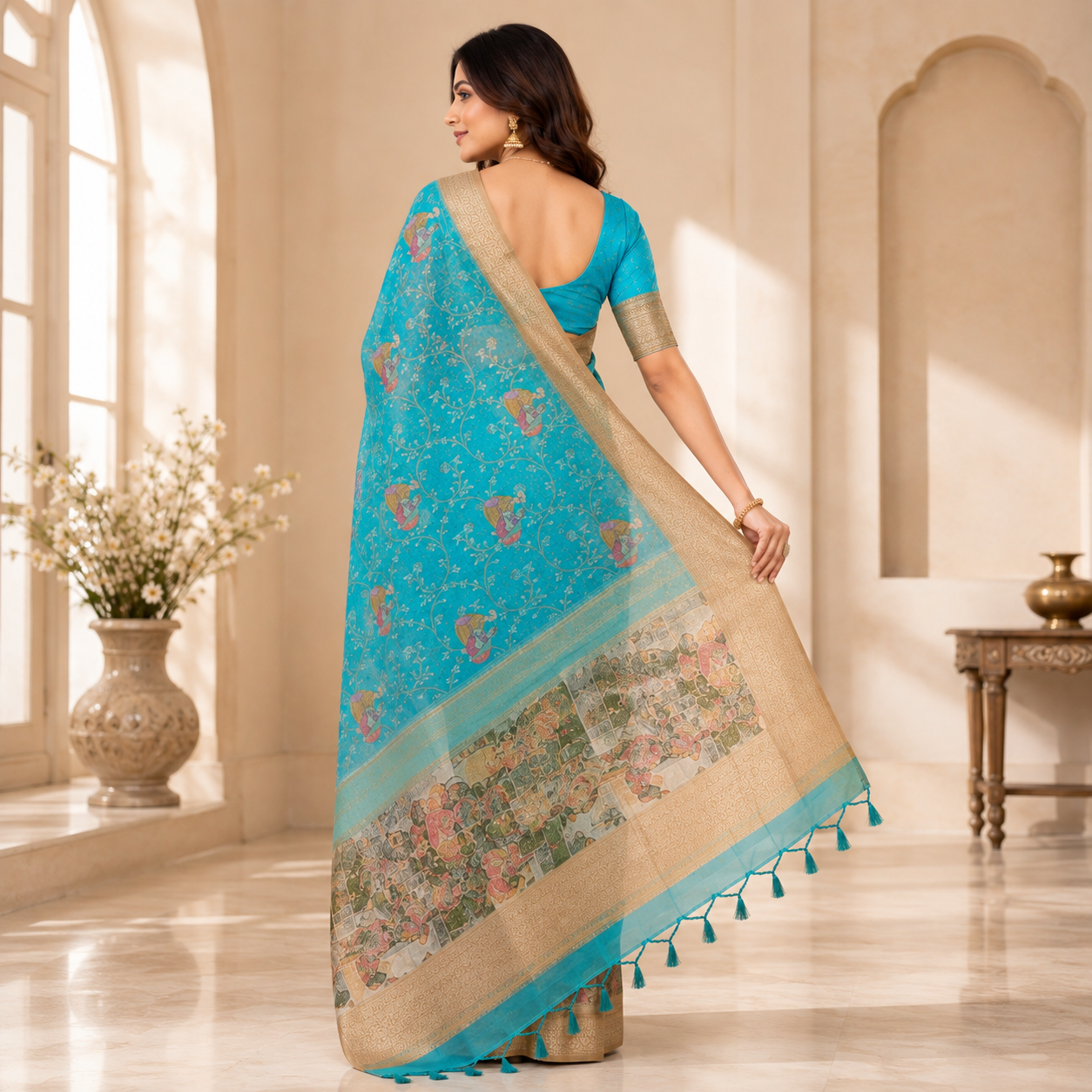 Turquoise Blue Floral Printed Organza Saree with Gold Zari Border & Tassel Pallu