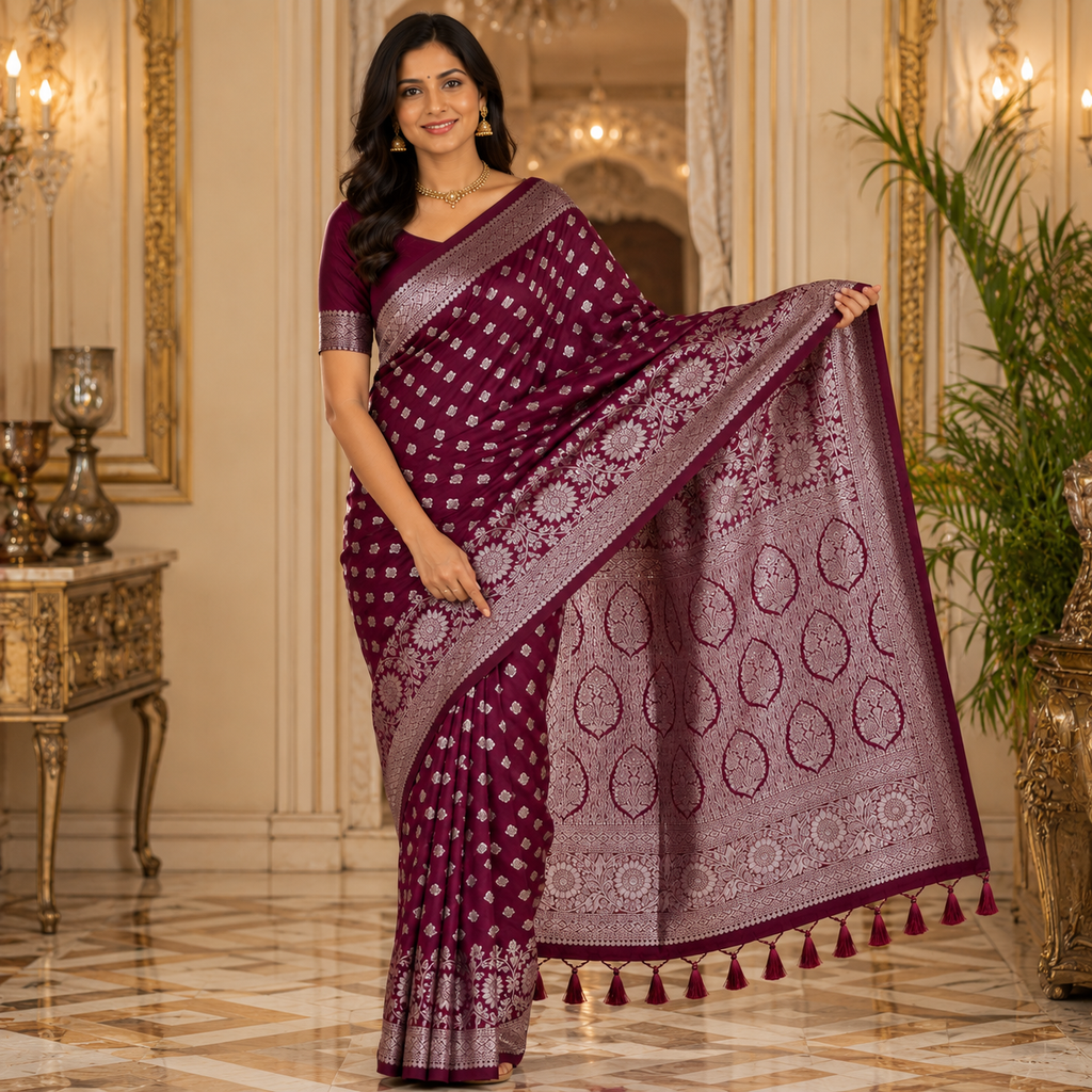 Maroon Pure Heavy Silk Saree With Blouse – Royal Wedding And Festive Wear For Women For Women