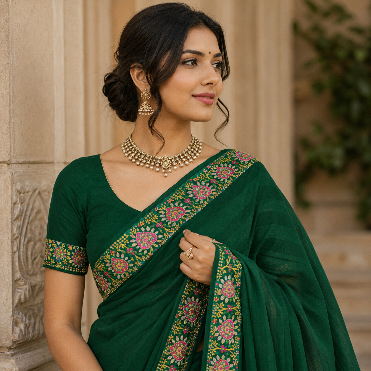 Green Heavy Pattern Georgette Saree With Printed Border Andamp And Siroski Work For Women