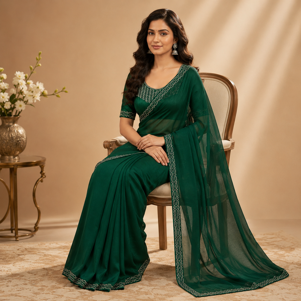 Green Organza Saree With Velvet Blouse – A Whisper Of Royalty For Women