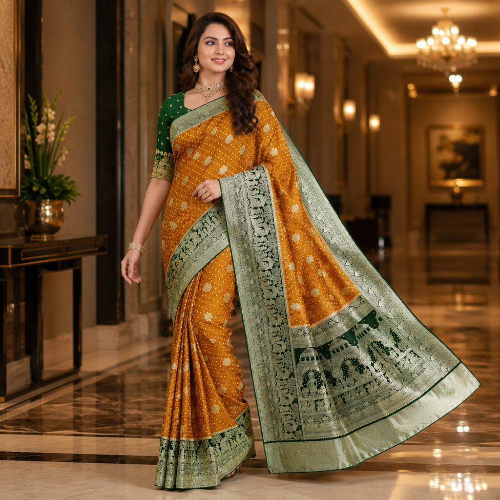 Green And Yellow Pure Heavy Kalash Satin Silk Saree With Blouse – Wedding And Festive Collection For Women