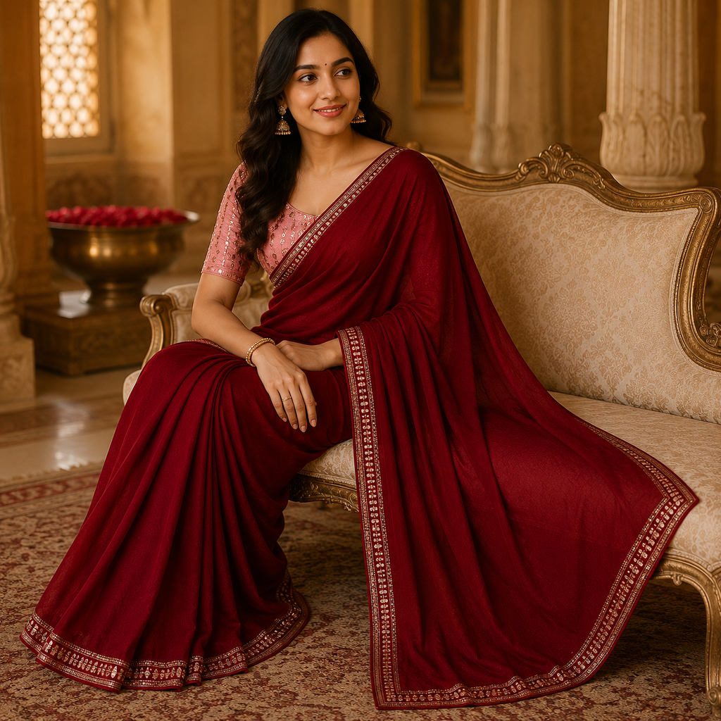 Maroon Georgette Saree With Readymade Blouse – Designer Look For Women