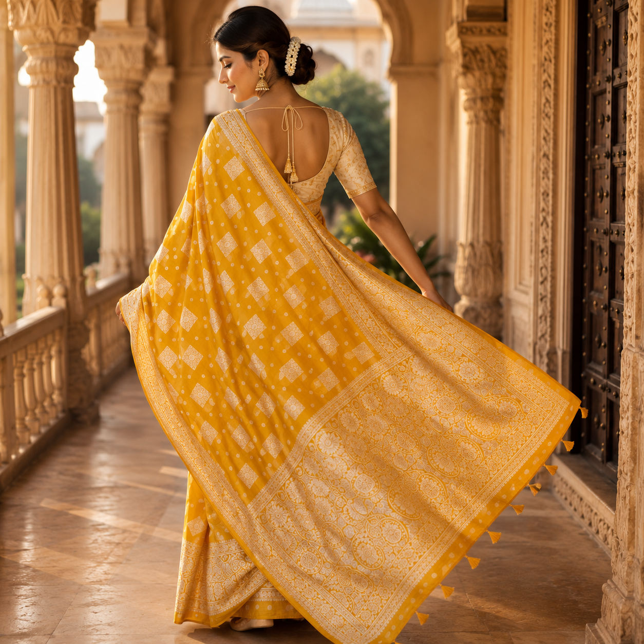 Yellow Ajrakh Kasturi Saree – The Sunshine Of Tradition For Women