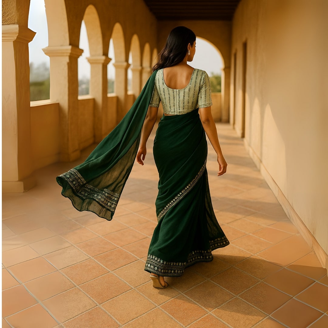Green Georgette Saree With Readymade Blouse – Pre-Stitched Stylish Saree For Women And Girls For Women