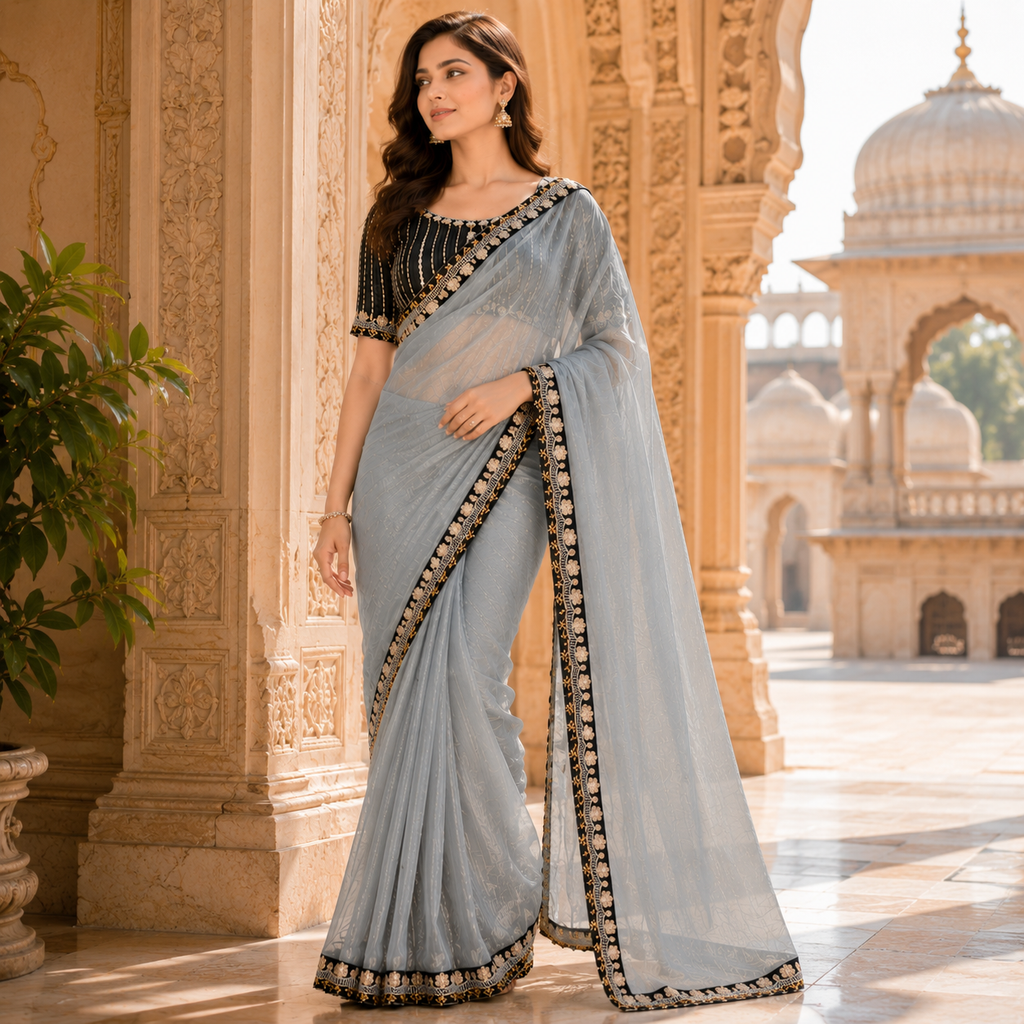 Grey Organza Saree With Gota Patti Work With Designer Blouse For Women