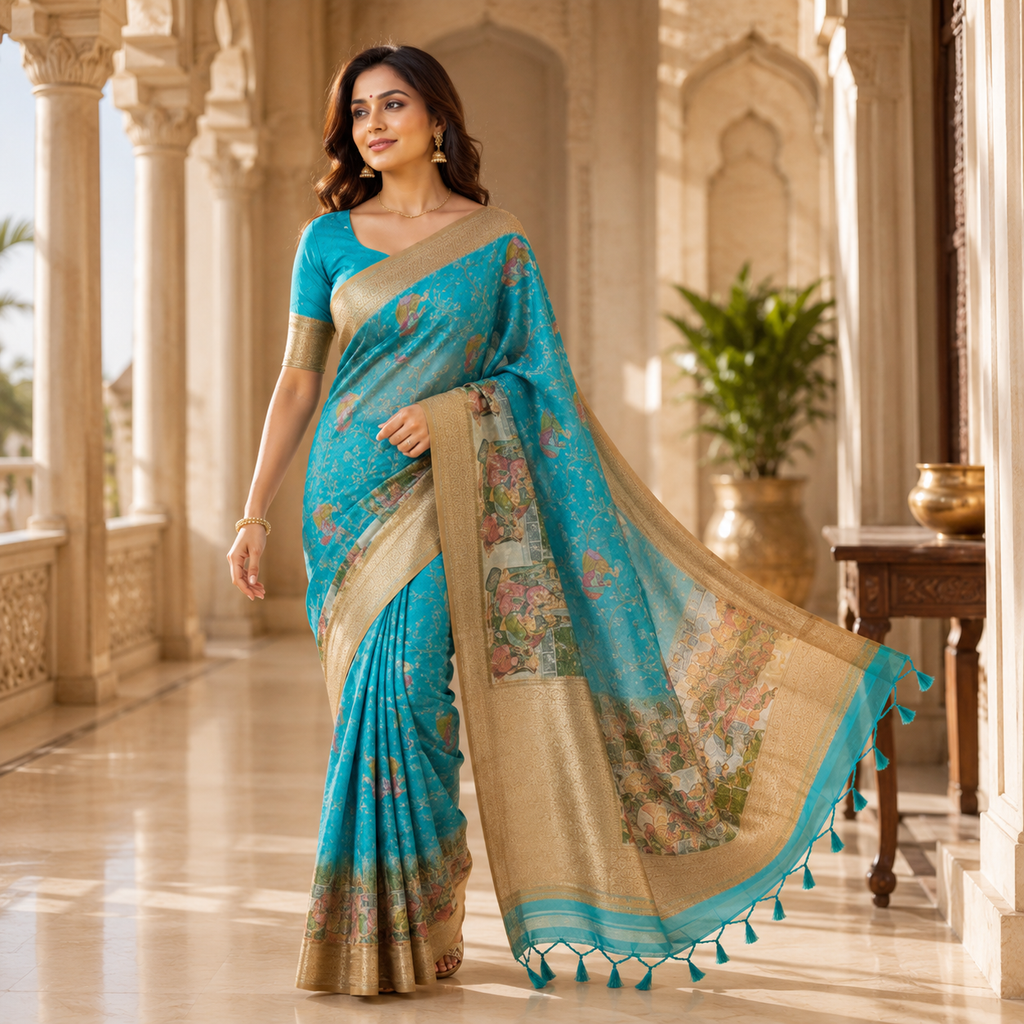 Turquoise Blue Floral Printed Organza Saree with Gold Zari Border & Tassel Pallu