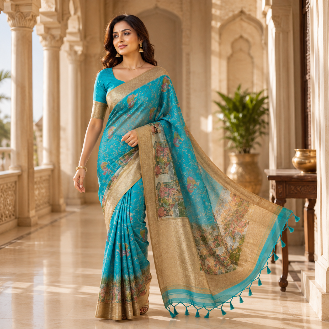 Turquoise Blue Floral Printed Organza Saree with Gold Zari Border & Tassel Pallu