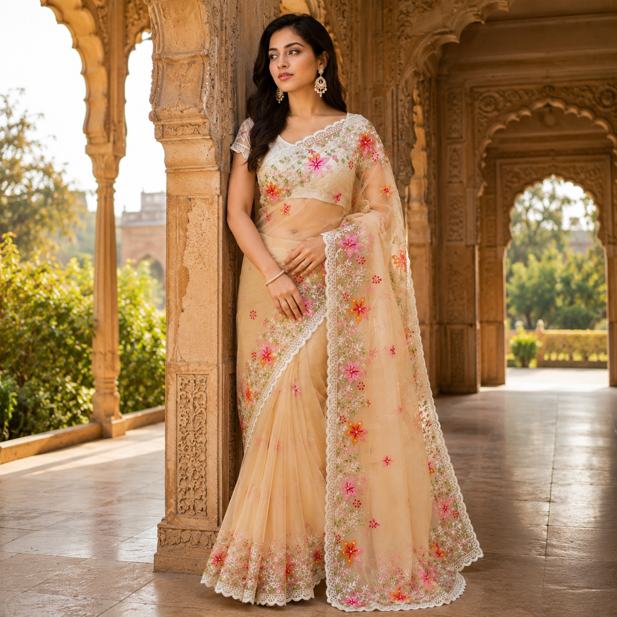 Orange Organza Saree With Pearl And Embroidery Work And Blouse – Premium Party And Wedding Wear For Women