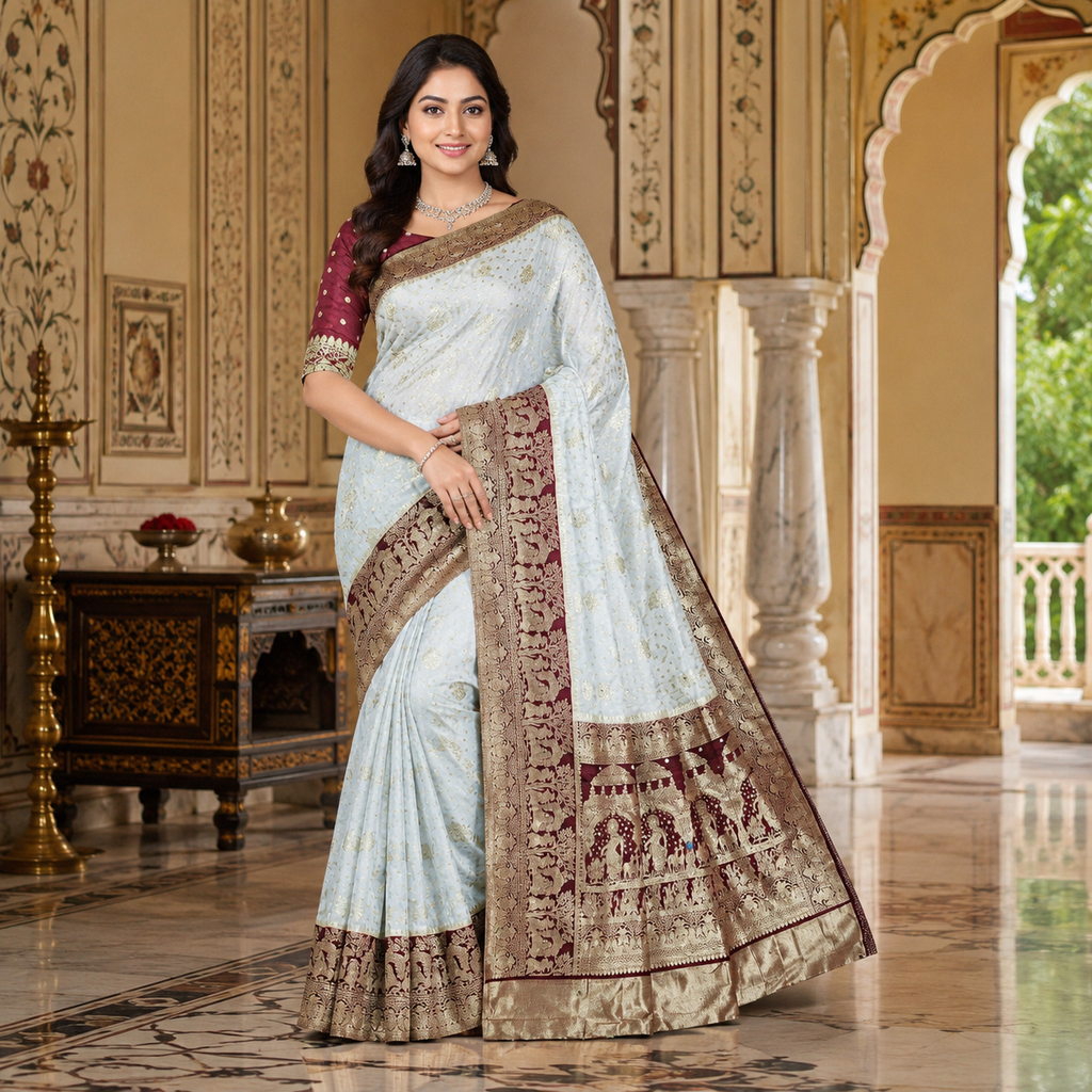Maroon And White Pure Heavy Kalash Satin Silk Saree With Blouse – Wedding And Party Wear For Women