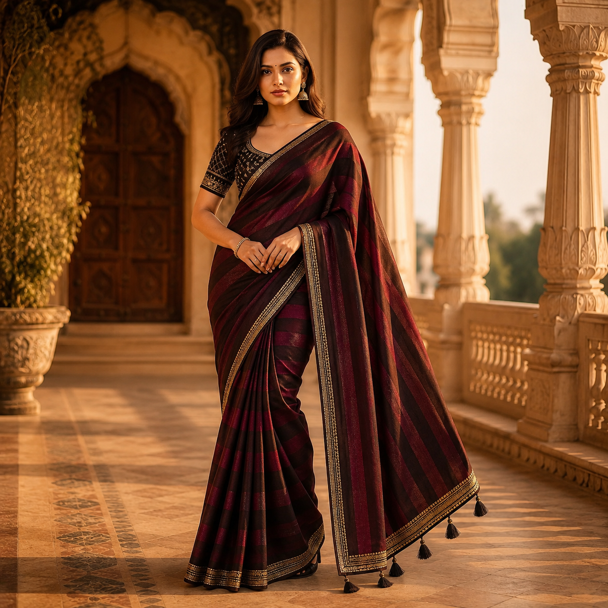 Wine Chanderi Silk Zari Crush Saree – A Regal Statement Of Modern Grace For Women