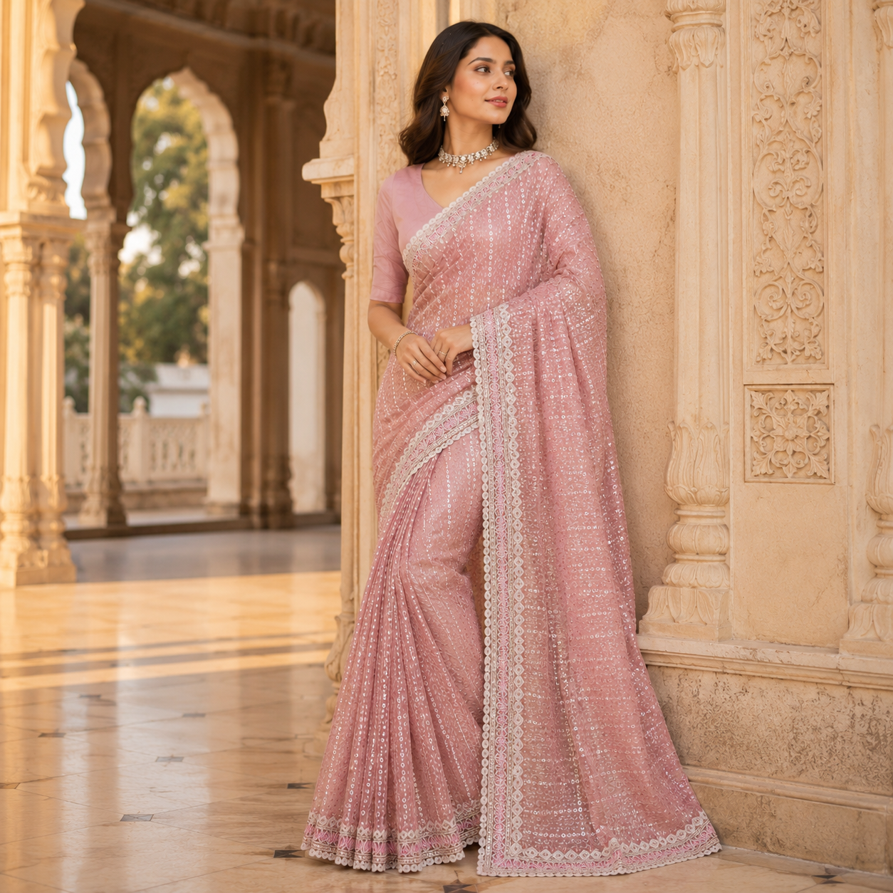 Peach Georgette Handwork Saree With Fancy Border – Where Subtle Luxury Meets Modern Grace For Women