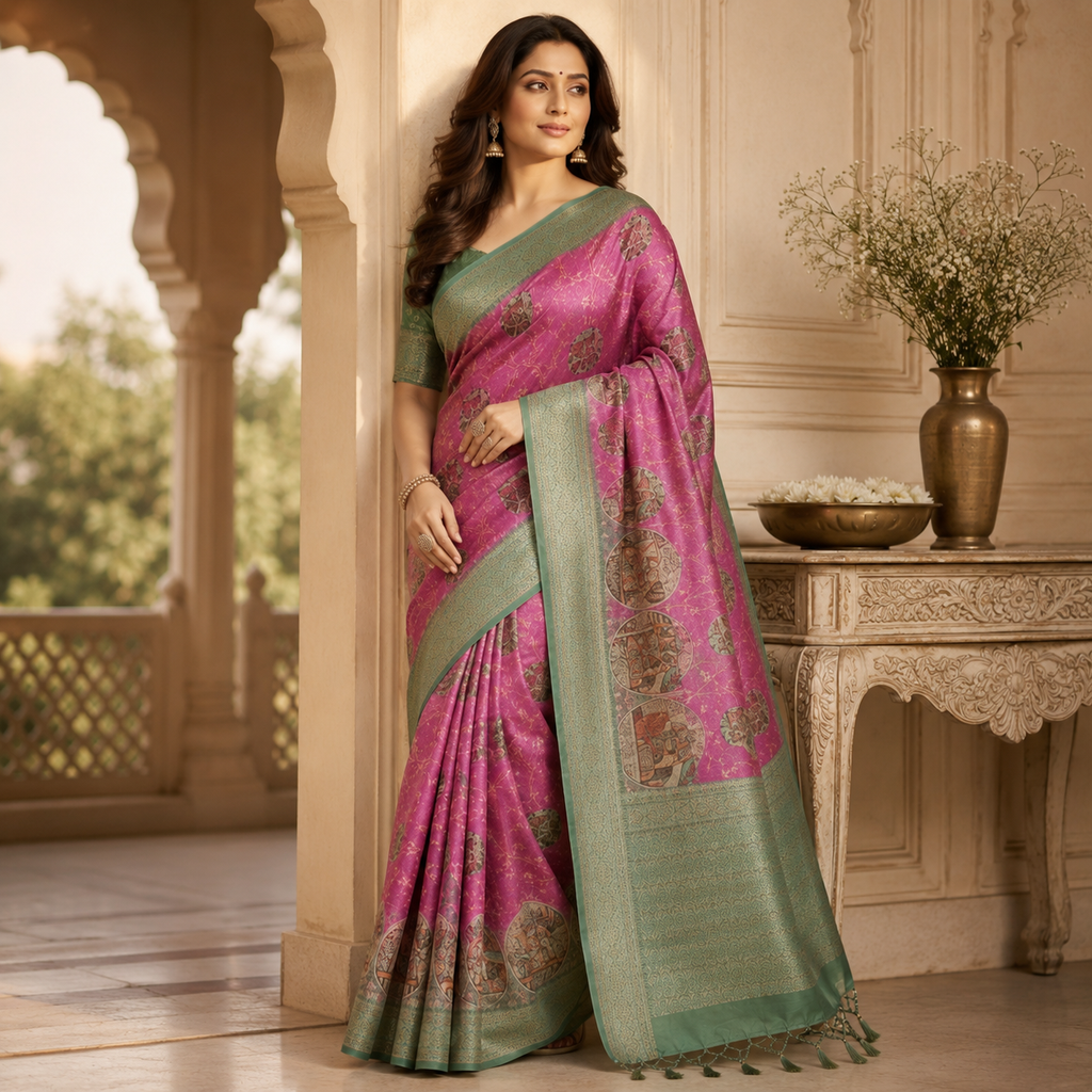 Pink & Sage Green Traditional Printed Saree with Artistic Pallu