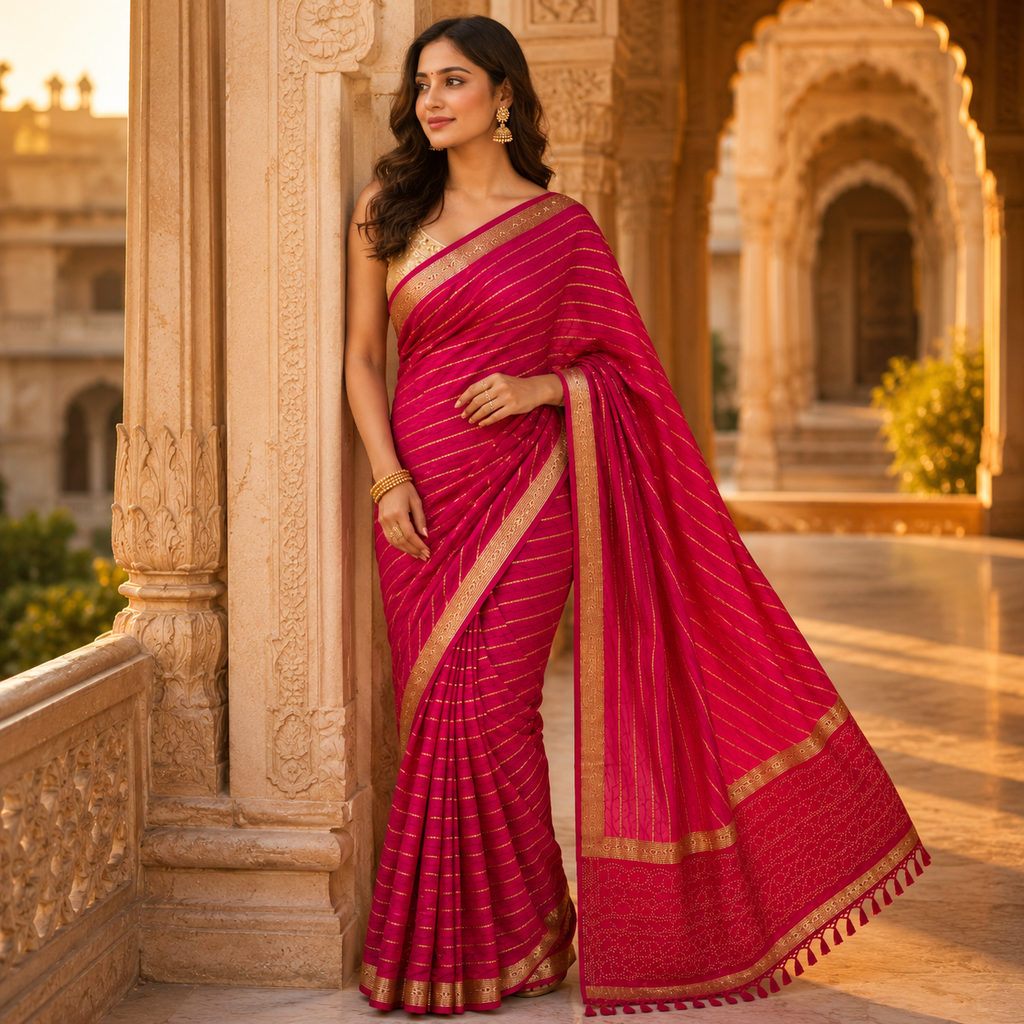 Pink Soft Georgette Weaved Silver Lines Andamp; Border Saree With Designer Blouse For Women