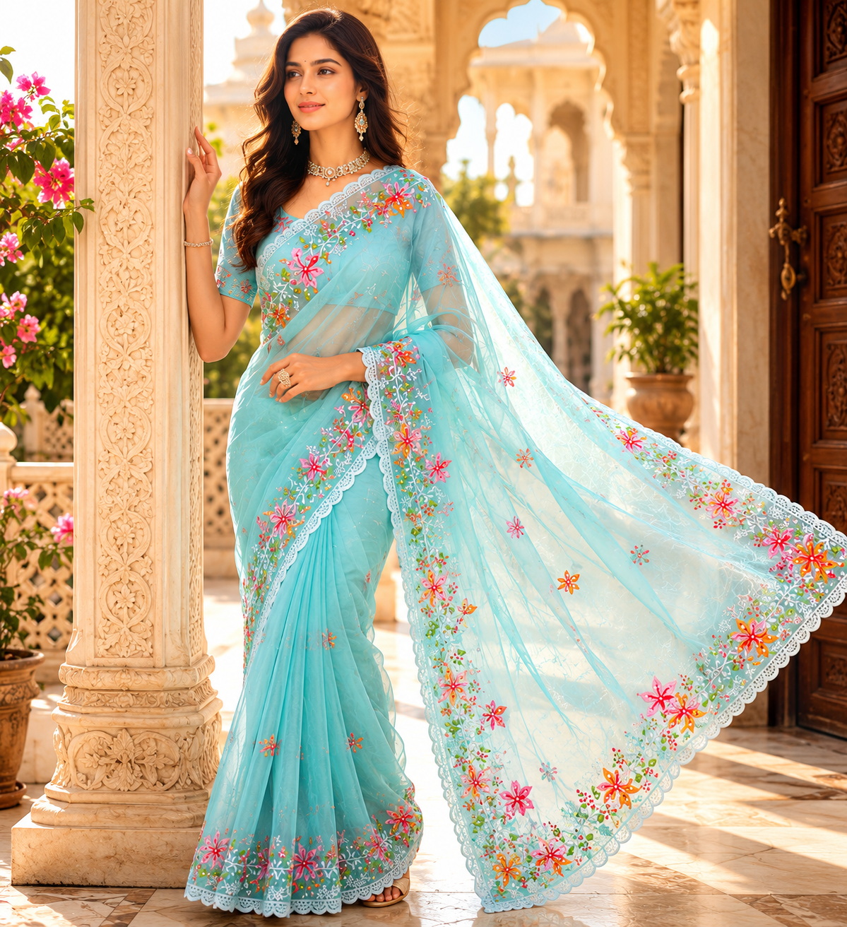Sky Blue Organza Saree With Pearl And Embroidery Work And Blouse – Designer Wedding And Festive Saree For Women