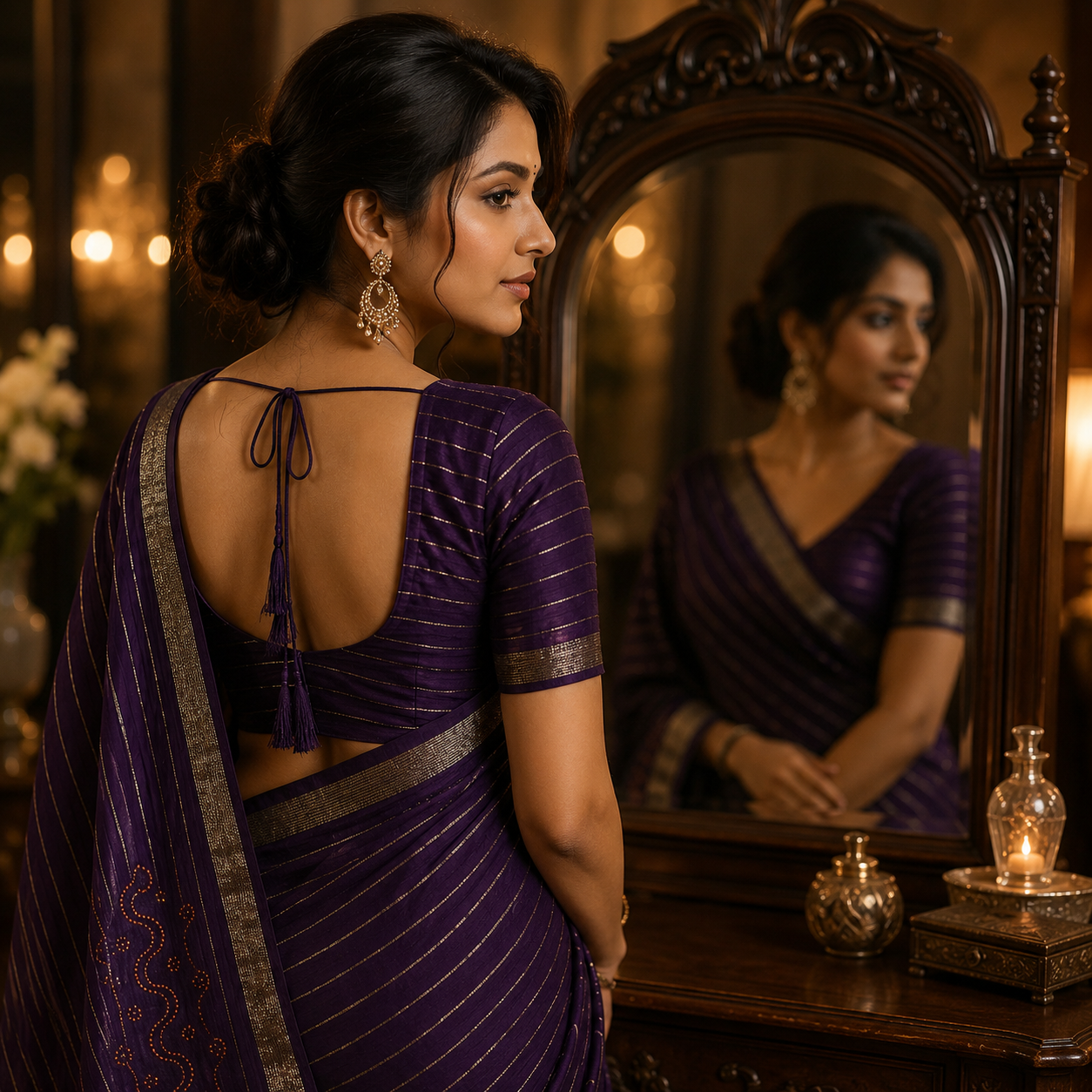 Purple Soft Georgette Weaved Silver Lines Andamp; Siroski Border Saree Designer Blouse For Women