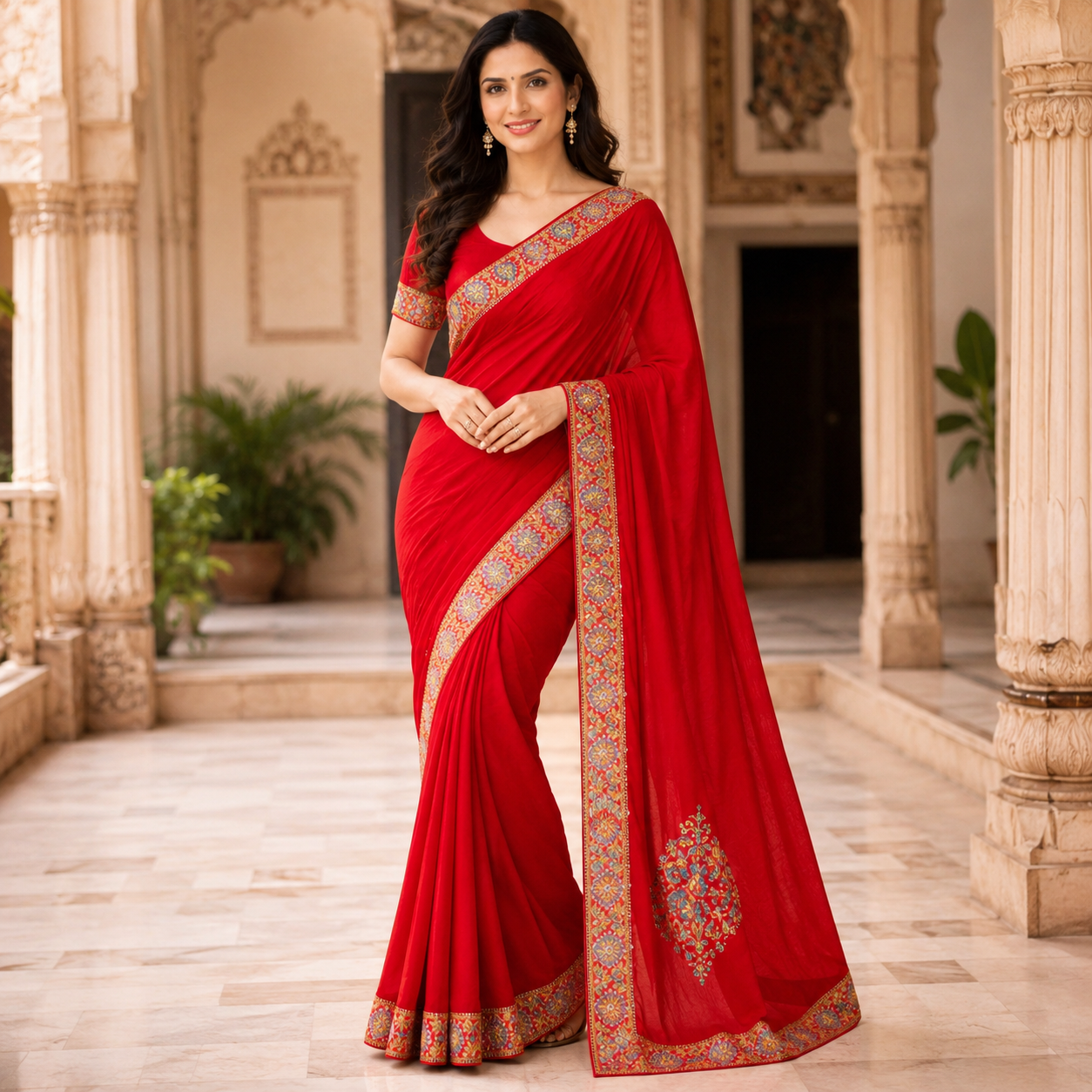 Red Heavy Pattern Georgette Saree With Printed Border Andamp And Siroski Work For Women
