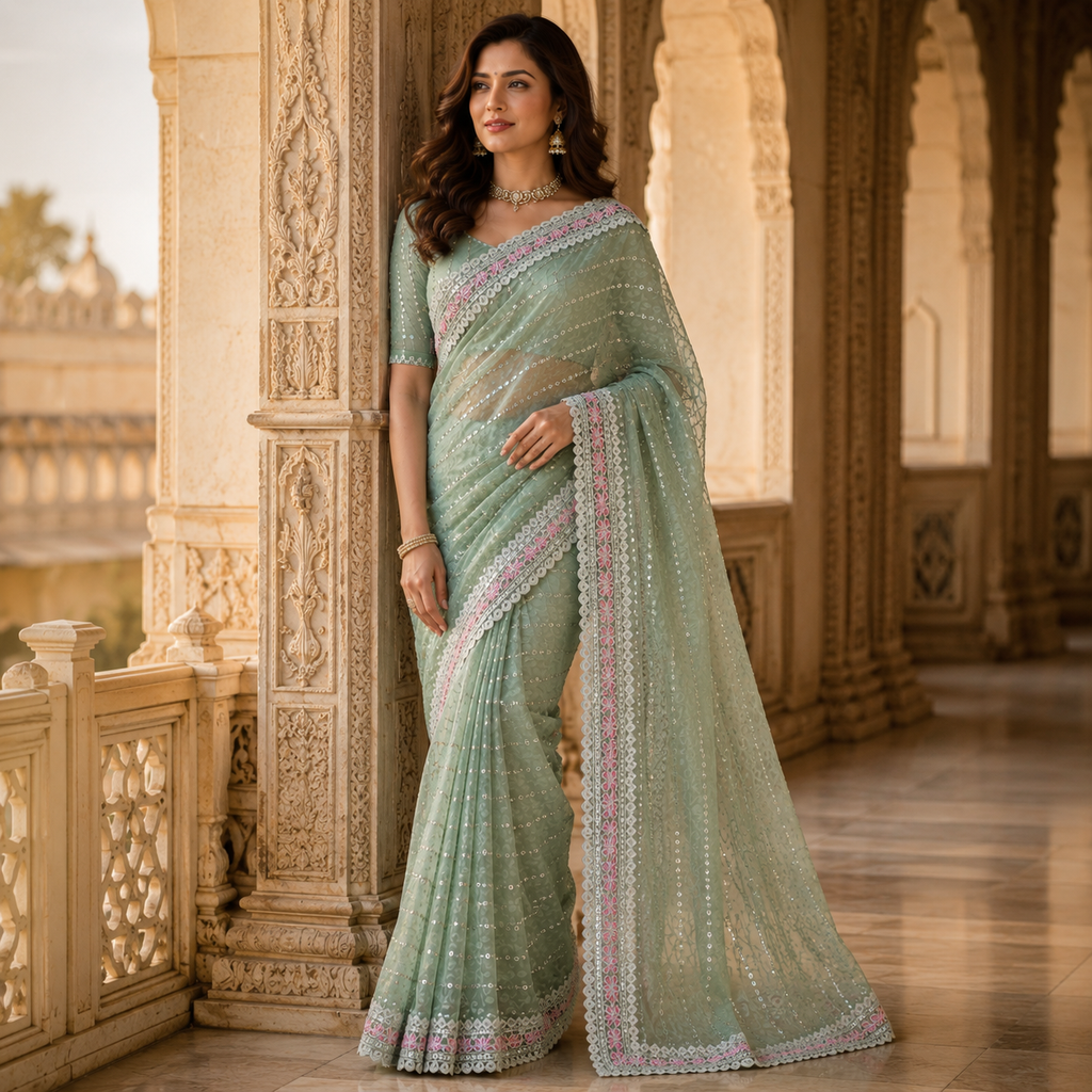 Pista Green Georgette Handwork Saree With Fancy Border – Light, Luxe And Lovingly Crafted For Women