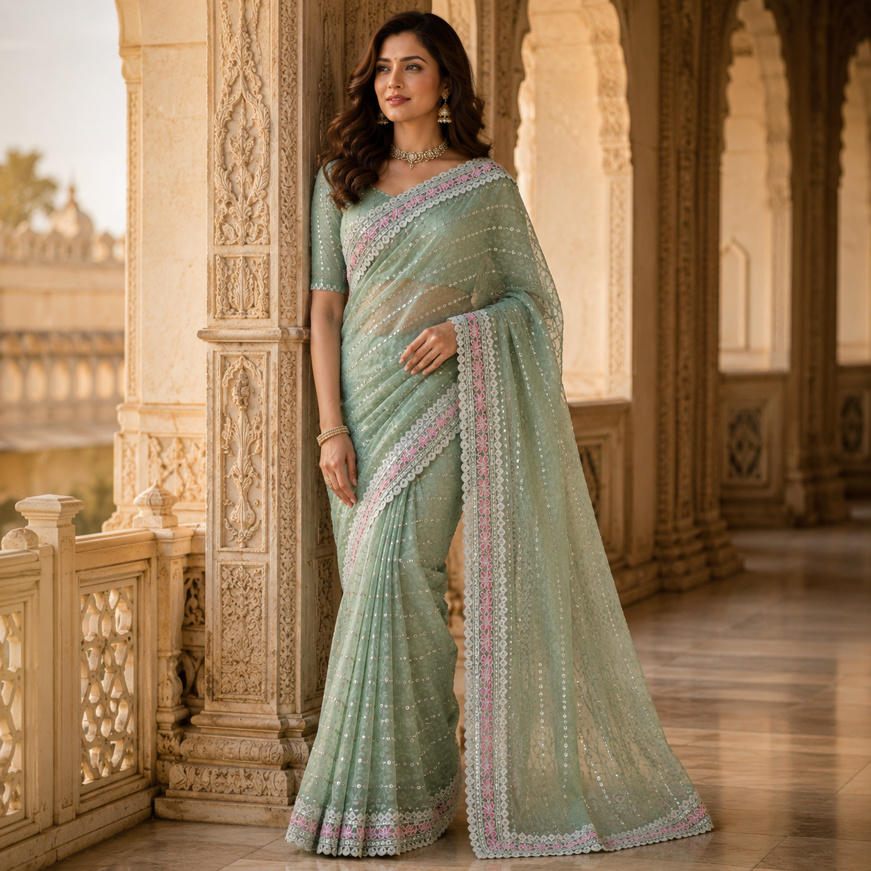 Pista Green Georgette Handwork Saree With Fancy Border – Light, Luxe And Lovingly Crafted For Women