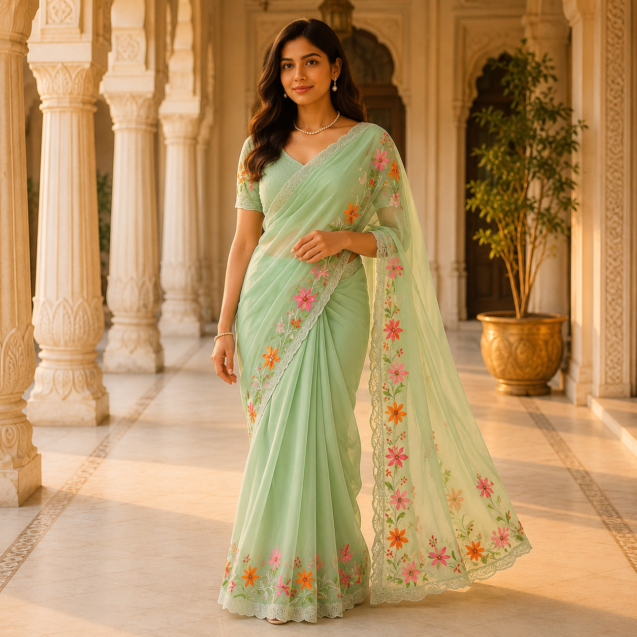 Green Organza Saree With Pearl And Embroidery Work And Blouse – Elegant Party And Wedding Wear For Women
