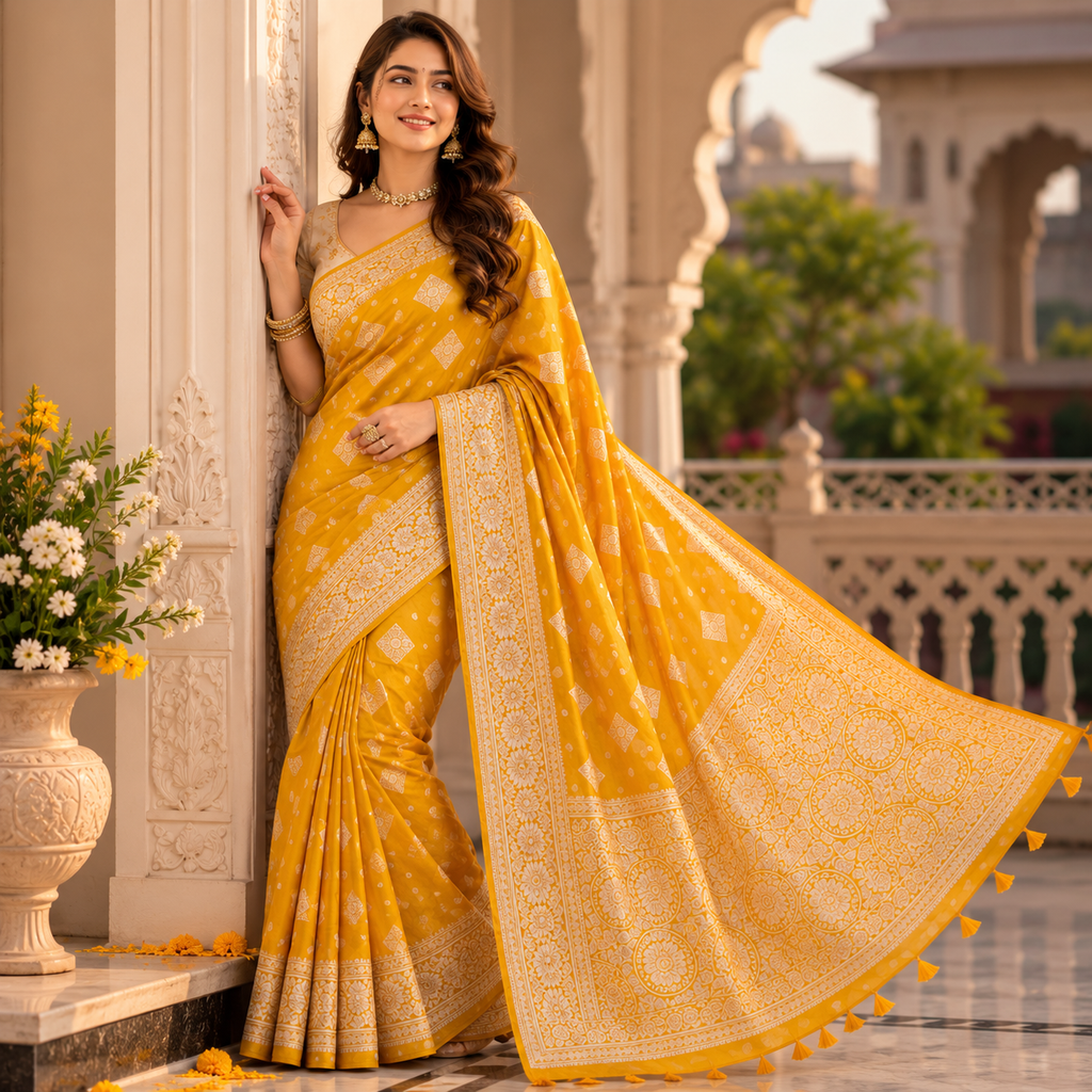 Yellow Ajrakh Kasturi Saree – The Sunshine Of Tradition For Women