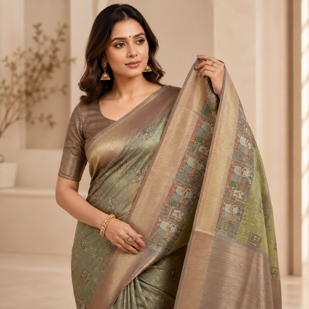 Sage Green Kalamkari Inspired Silk Saree with Antique Gold Border