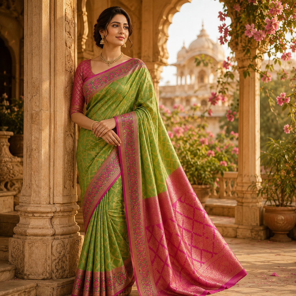 Green And Pink Banarasi Kora Silk Saree With Rich Zari - Lightweight Festive Elegance For Women