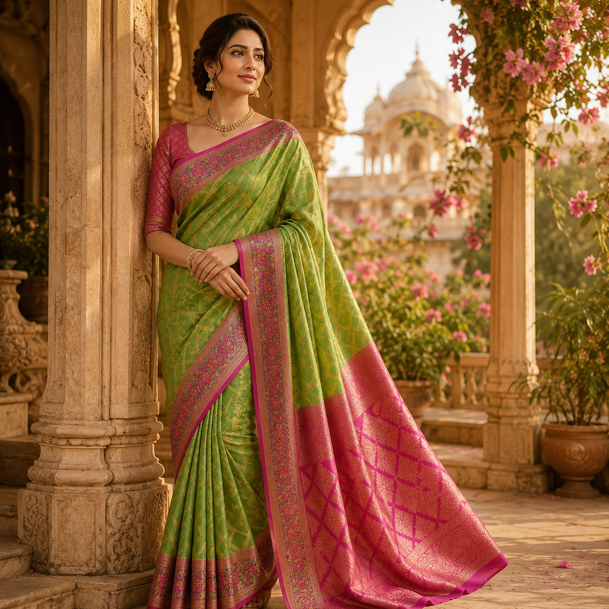 Green And Pink Banarasi Kora Silk Saree With Rich Zari - Lightweight Festive Elegance For Women