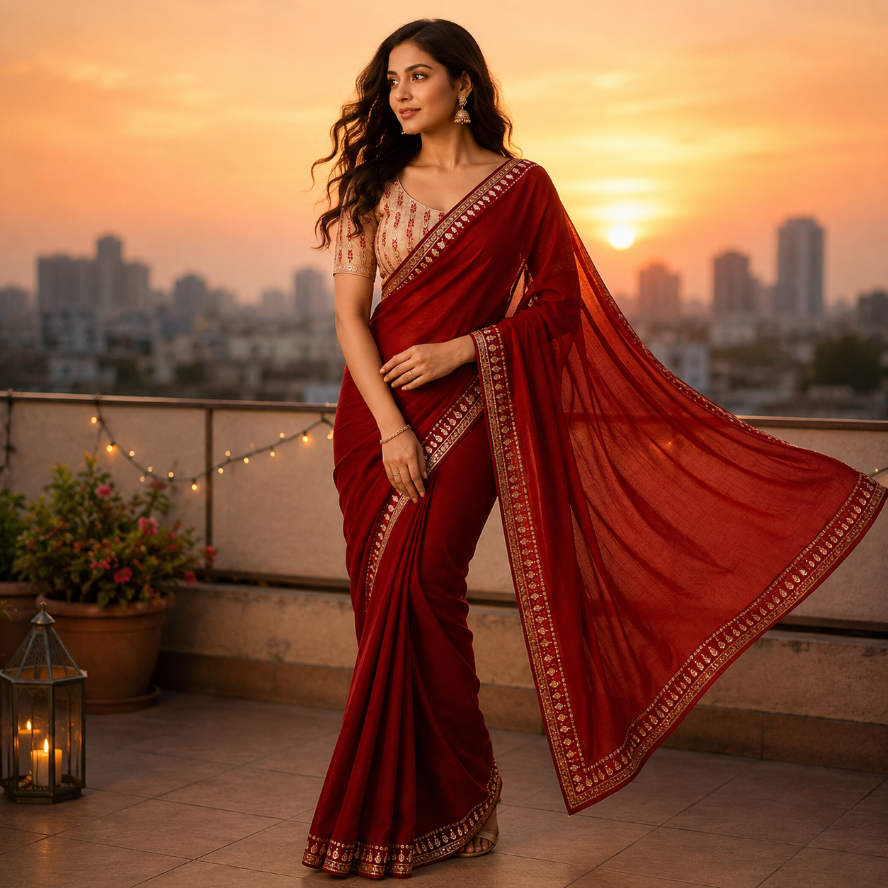 Red Georgette Saree With Readymade Blouse – Pre-Stitched Festive And Party Wear Saree For Women For Women