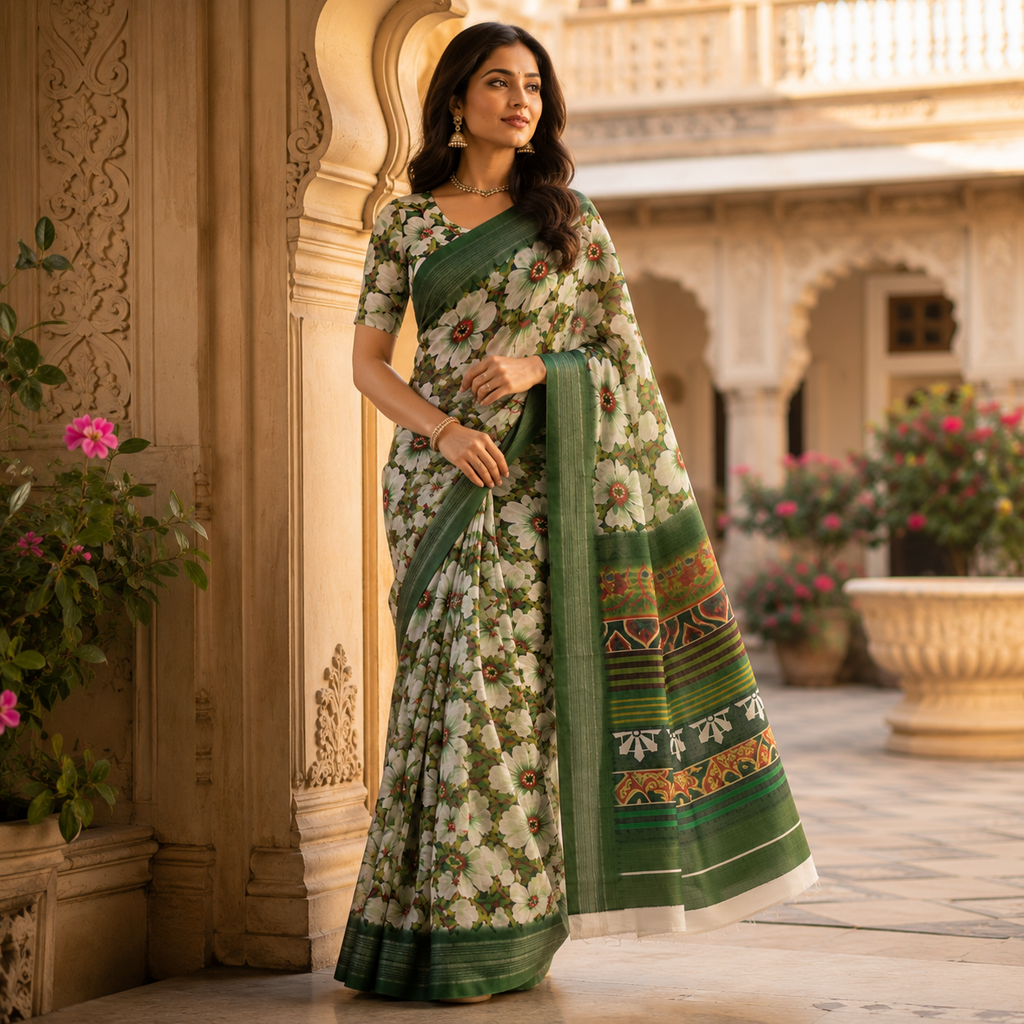 Green Digital Print Linen Saree With Readymade Blouse – Breezy, Bold And Beautifully You For Women