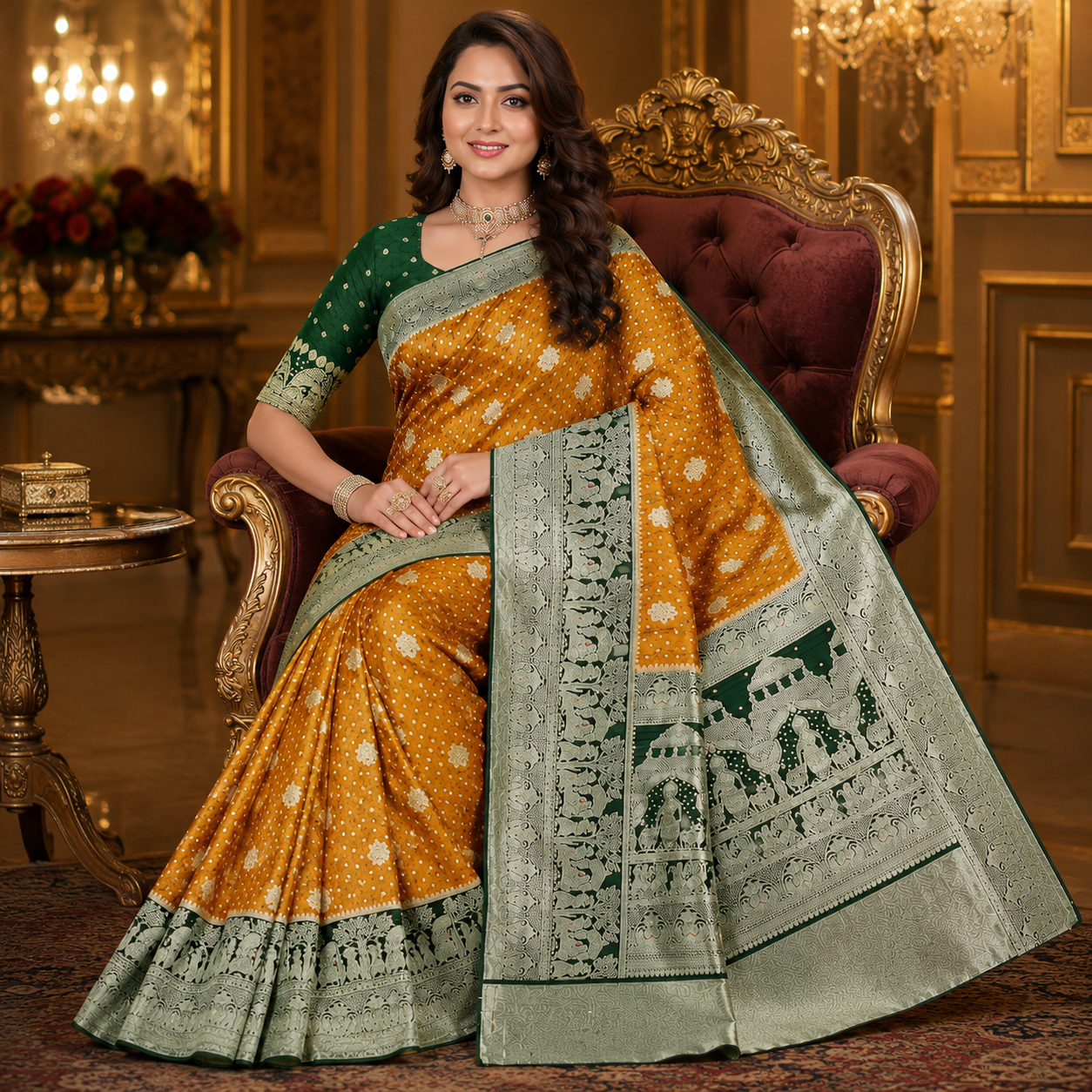 Green And Yellow Pure Heavy Kalash Satin Silk Saree With Blouse – Wedding And Festive Collection For Women