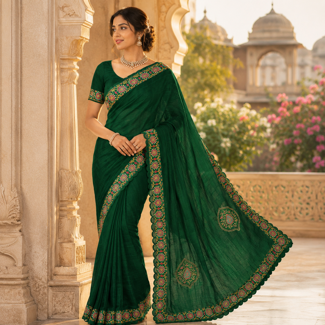 Green Heavy Pattern Georgette Saree With Printed Border Andamp And Siroski Work For Women