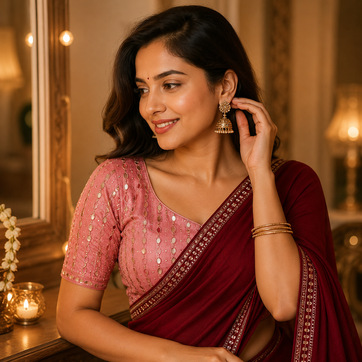 Maroon Georgette Saree With Readymade Blouse – Designer Look For Women
