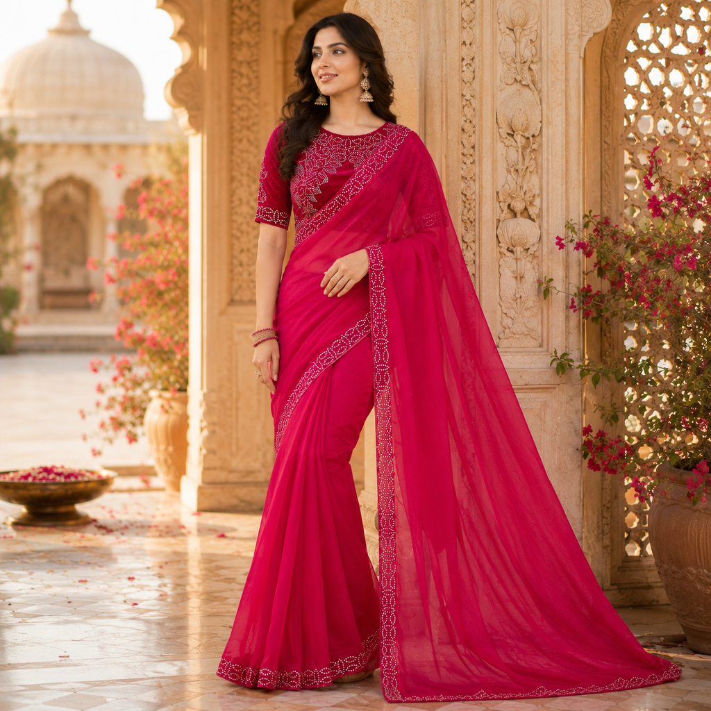 Pink Organza Saree With Velvet Blouse – Where Grace Meets Glamour For Women