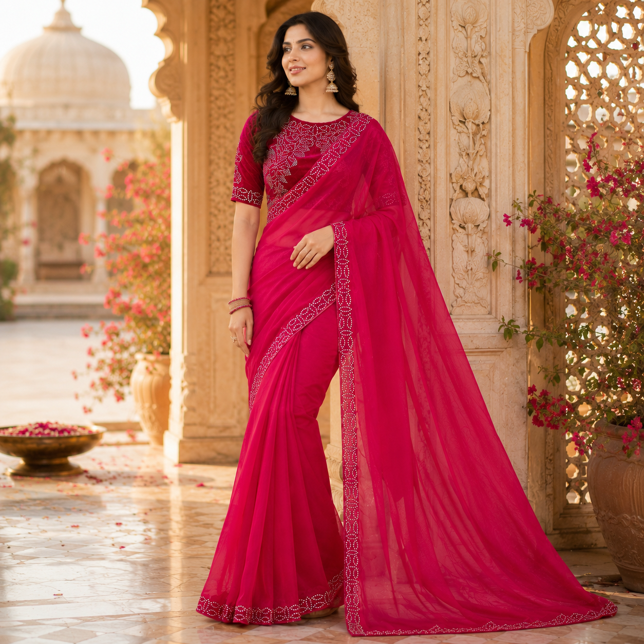 Pink Organza Saree With Velvet Blouse – Where Grace Meets Glamour For Women