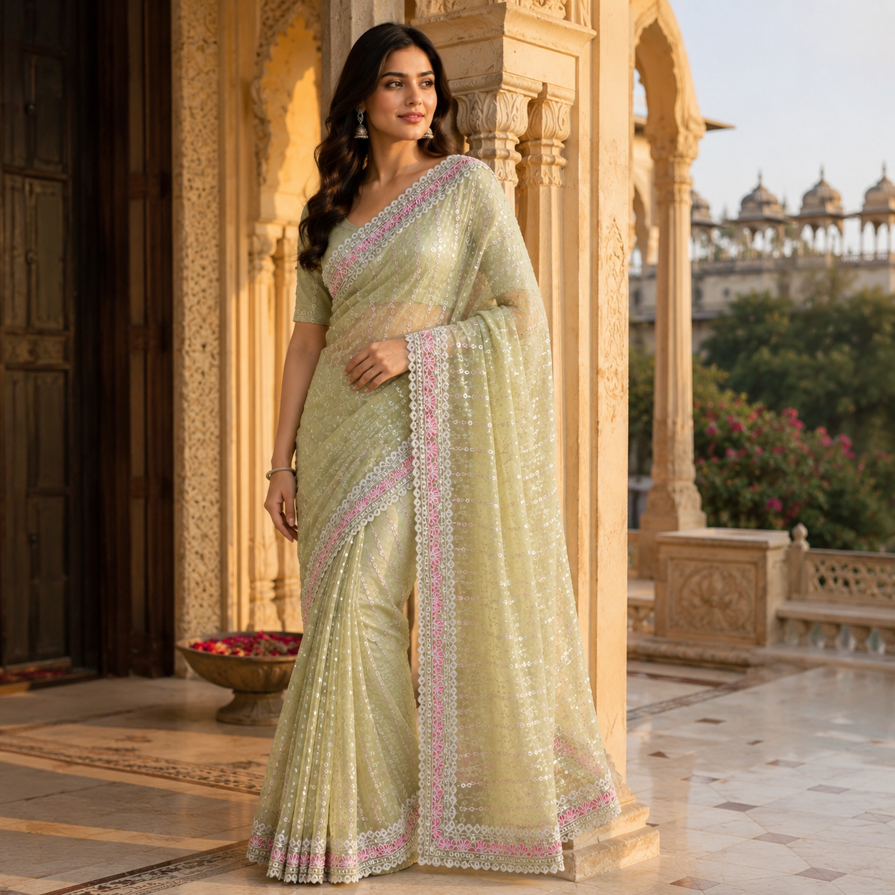 Light Green Georgette Handwork Saree With Fancy Border – Soft Glamour, Everyday Grace For Women
