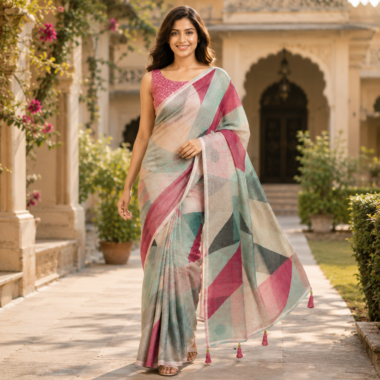 Multicolour Digital Print Linen Saree With Readymade Blouse – Vibrance, Lightness And Style In Every Drape For Women