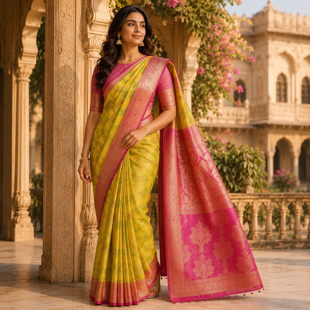 Banarasi Silk Saree With Geometric Weave And Rich Zari Border – Timeless Elegance In Every Fold For Women